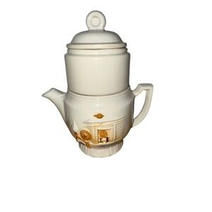 Vintage Porcelier Colonial Spinning Wheel Teapot Set Multicolor 1930s